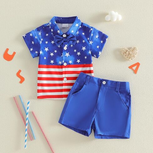 4Th of July Baby Boy Outfit Bow Tie Short Sleeve Toddler Shirts Pocket Shorts Summer Clothes Boys Suit in Saudi Arabia