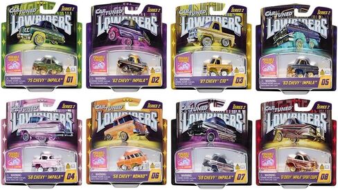 Diecast Model Car Compatible with CarTuned 1:64 Lowriders Show Glow Series 1 Assortment of 8 Pieces Cars with L.E.D. Light Up Chassis, Factory Seal Case. in Saudi Arabia