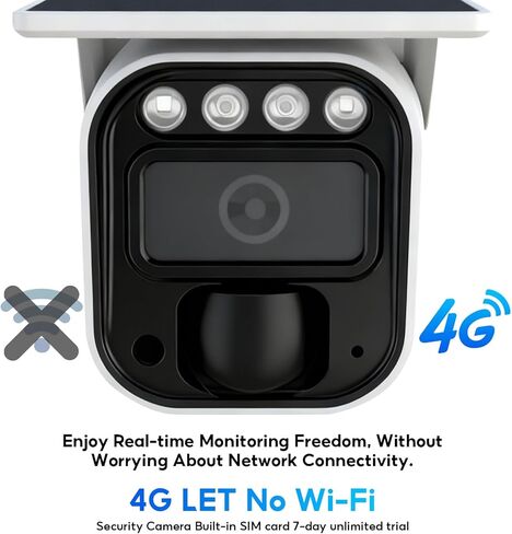 4G LTE Cellular Solar Security Camera Wireless Outdoor, No WiFi Solar Powered Camera, 2K Color Night Vision, PIR Motion Sensor, AI Motion Detection, 2 Way Audio, Built in SIM Card in Kuwait