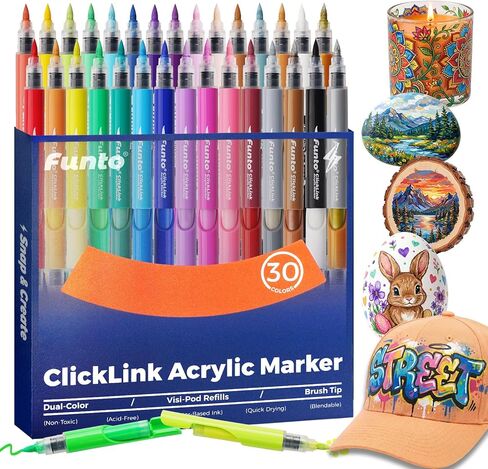 أقلام تحديد أكريليك قابلة لإعادة الملء من Funto ClickLink، 30 لونًا مع خراطيش حبر مرئية وأطراف فرشاة مزدوجة - أقلام طلاء مائية سريعة الجفاف للسيراميك والزجاج والخشب in Saudi Arabia