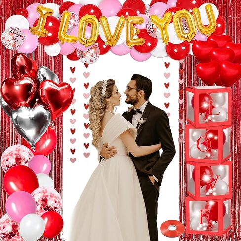 72 Pcs Valentines Day Decor Kit, Happy Anniversary Decorations - Balloon Set, 1000 Pcs Dark-Red Rose Petals, "I LOVE YOU" banner, Multi Decors For Romantic Decorations Special Night in Saudi Arabia