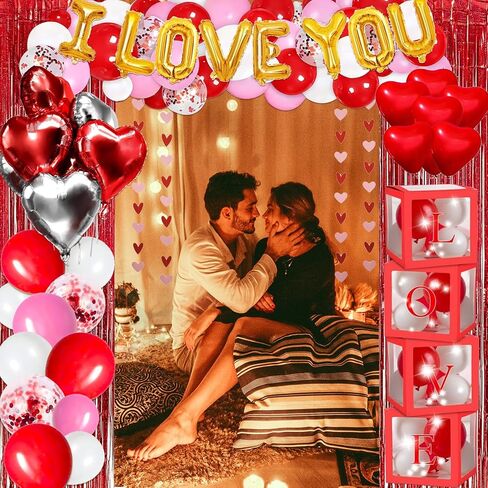 72 Pcs Valentines Day Decor Kit, Happy Anniversary Decorations - Balloon Set, 1000 Pcs Dark-Red Rose Petals, "I LOVE YOU" banner, Multi Decors For Romantic Decorations Special Night in Saudi Arabia