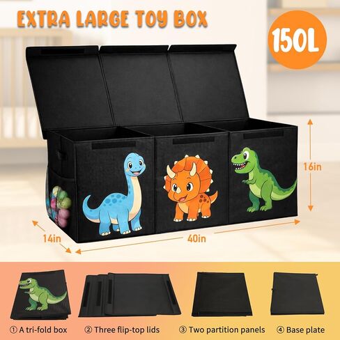 Extra Large Collapsible Toy Box Chest, Sturdy Dinosaur Toy Storage Organizer with Lids, 40"x16"x14", Toy Box for Boys Girls, Cute Kids Bin Baskets for Living Room, Playroom, Nursery, Bedroom, Black in Kuwait