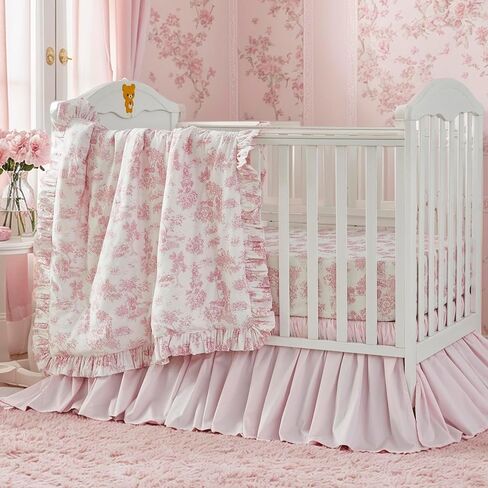 مجموعة مفروشات سرير الأطفال من Brandream French Country Toile للفتيات باللون الوردي العتيق طباعة زهور 100% قطن مجموعة مفروشات حضانة الأطفال البنات - لحاف مكشكش، ملاءة سرير أطفال، تنورة سرير أطفال 3 قطع in Kuwait