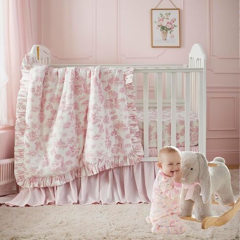 مجموعة مفروشات سرير الأطفال من Brandream French Country Toile للفتيات باللون الوردي العتيق طباعة زهور 100% قطن مجموعة مفروشات حضانة الأطفال البنات - لحاف مكشكش، ملاءة سرير أطفال، تنورة سرير أطفال 3 قطع in Kuwait