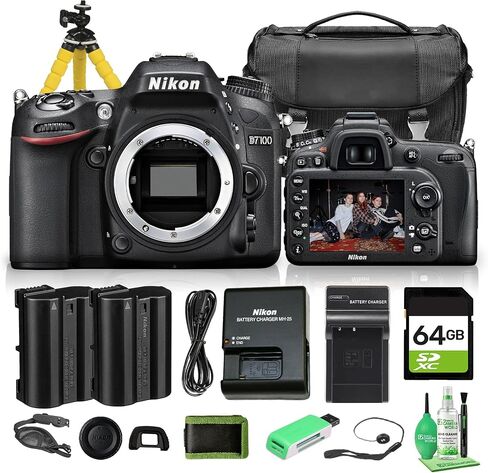 هيكل كاميرا Nikon D7100 DX Format Digital SLR فقط مستشعر CMOS 24.1 ميجابكسل، حامل Nikon F، نظام تركيز بؤري تلقائي 51 نقطة، تسجيل عالي الدقة بالكامل (1513) + بطاقة 64 جيجابايت + بطارية EN-EL15C + حقيبة كاميرا + المزيد (حزمة مكونة من 18 قطعة) in Kuwait