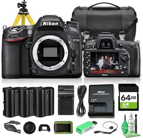 هيكل كاميرا Nikon D7100 DX Format Digital SLR فقط مستشعر CMOS 24.1 ميجابكسل، حامل Nikon F، تركيز تلقائي متقدم 51 نقطة (1513) + بطاقة 64 جيجابايت + 2 بطارية EN-EL15C + شاحن + المزيد (حزمة 19 قطعة) in Kuwait