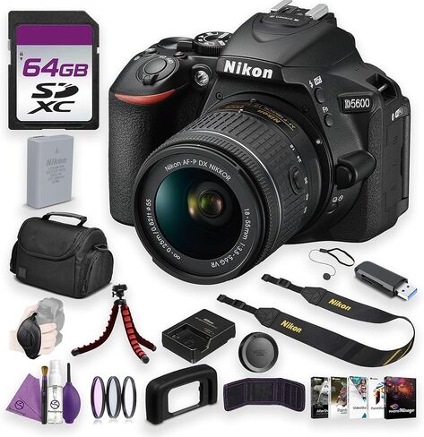 Nikon D5600 DSLR Camera Kit 18-55mm Lens Full HD WiFi Bundle with Camera Bag + Cleaning Kit + Flexible Vlogging Tripod + 3PC MC PRO Filter KIT UV/CPL/F 55 + 64GB Memory Card + in Kuwait