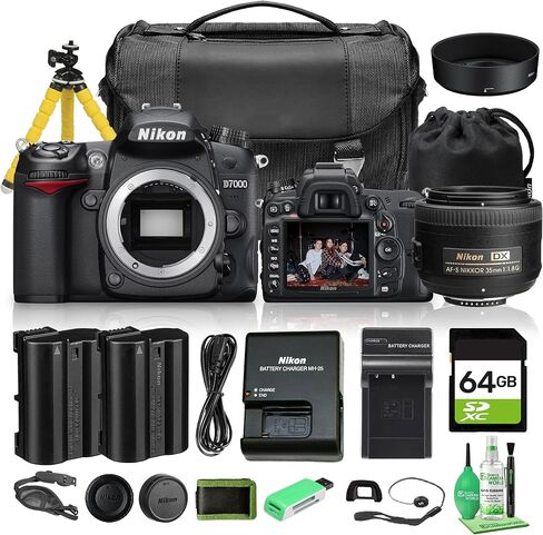 هيكل كاميرا Nikon D7000 DX Format DSLR فقط مستشعر CMOS 16.2 ميجابكسل، تسجيل عالي الدقة بالكامل، حامل Nikon F (25468) + عدسة Nikon 35 مم f/1.8 + بطاقة 64 جيجابايت + مجموعة مرشح 52 مم + المزيد (حزمة 24 قطعة) in Kuwait