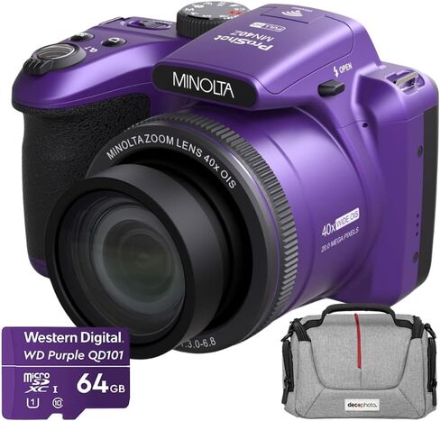 Minolta MN40Z-P 20 MP / 1080P FHD Bridge Camera w/40x Optical Zoom (Purple) Bundle with Deco Photo Camera Bag for DSLR and Mirrorless Cameras and Western Digital Purple 64GB microSD Card in Kuwait