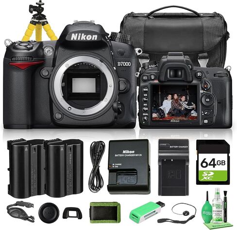 هيكل كاميرا Nikon D7000 DX Format DSLR فقط، مستشعر CMOS بدقة 16.2 ميجابكسل، تسجيل أفلام عالي الدقة بالكامل، تصوير متواصل بمعدل 6 إطارات في الثانية، حامل Nikon F (25468) + بطاقة 64 جيجابايت + بطارية EN-EL15C + حقيبة كاميرا + المزيد (حزمة مكونة من 19 قطعة) in Kuwait