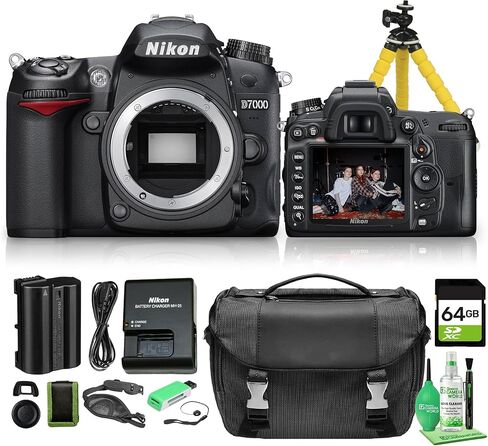 هيكل كاميرا Nikon D7000 DX Format DSLR فقط مستشعر CMOS 16.2 ميجابكسل، فيديو عالي الدقة 1080 بكسل، تصوير مستمر 6 إطارات في الثانية، حامل Nikon F (25468) + بطاقة 64 جيجابايت + مجموعة تنظيف + المزيد (حزمة 17 قطعة) in Kuwait