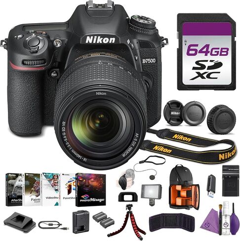 Nikon D7500 Digital Camera 20MP DSLR with Zoom Lens Bundle with Replacement Battery EN EL15C + Charger + Cleaning Kit + Flexible Vlogging Tripod + 64GB Memory Card + Backpack + More in Kuwait