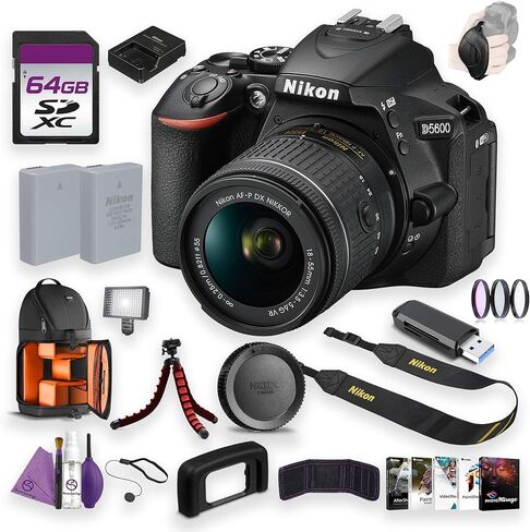 كاميرا Nikon D5600 الرقمية 24 ميجابكسل DSLR مع مجموعة عدسات مقاس 18-55 مم مع بطارية بديلة EN-EL25 + طقم تنظيف + حامل ثلاثي القوائم مرن لمدونات الفيديو + بطاقة ذاكرة سعة 64 جيجابايت + حقيبة ظهر + المزيد in Kuwait