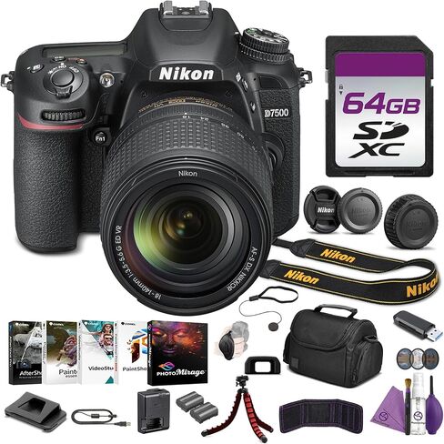 Nikon D7500 DSLR Camera Kit 18-140mm Lens 4K WiFi Bundle with Replacement Battery EN EL15C + Camera Bag + Cleaning Kit + Flexible Vlogging Tripod + 64GB Memory Card + More in Kuwait