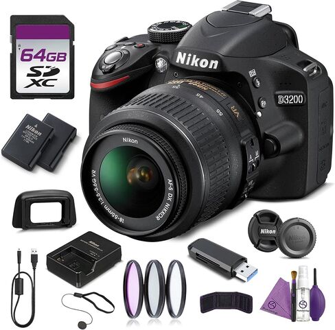 Nikon D3200 DSLR Camera with 18-55mm VR Lens 24.2MP DX Sensor Full HD 1080p Black Bundle with Cleaning Kit + Filter Kit + 64GB Memory Card in Kuwait