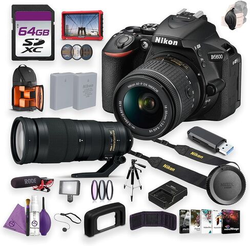 طقم كاميرا Nikon D5600 مع عدسة VR مقاس 18-55 مم، حزمة DSLR مع عدسة AF-S NIKKOR مقاس 200-500 مم f/5.6E ED VR + شاشة عالية الدقة مقاس 7 بوصات + ميكروفون + حامل ثلاثي القوائم + بطاقة ذاكرة سعة 64 جيجابايت + حقيبة ظهر + المزيد in Kuwait