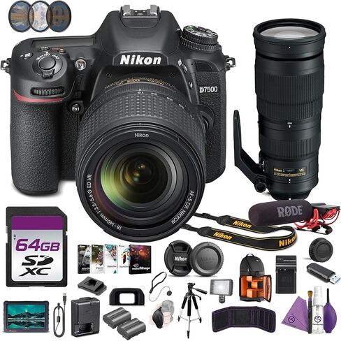 طقم كاميرا Nikon D7500 مع عدسة 18-140 مم، حزمة 4K DSLR مع عدسة AF-S NIKKOR مقاس 200-500 مم f/5.6E ED VR + شاشة عالية الدقة مقاس 7 بوصات + ميكروفون + حامل ثلاثي القوائم + طقم مرشح 95 مم + بطاقة ذاكرة سعة 64 جيجابايت + حقيبة ظهر + المزيد in Kuwait
