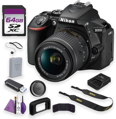 كاميرا نيكون D5600 دي إس إل آر بدقة 24.2 ميجابكسل مع مجموعة عدسات VR مقاس 18-55 مم ومجموعة تنظيف + بطاقة ذاكرة سعة 64 جيجابايت والمزيد in Kuwait