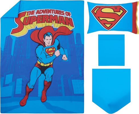 طقم سرير الأطفال NoJo Superman Up in The Sky المكون من 4 قطع يتضمن لحافًا وملاءة سفلية جاهزة وملاءة علوية مسطحة وغطاء وسادة ذو وجهين يناسب مرتبة الأطفال القياسية (منتج مرخص رسميًا) in Kuwait