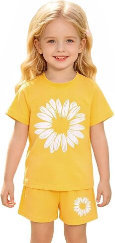 Toddler Girls Sunflower Outfit Cute Summer Tshirt Floral Graphic Short Sleeve Top+Shorts Kids 2pcs Casual Clothes Set in Kuwait