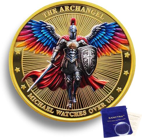 Archangel Michael Watches Over Us Challenge Coin, Handcrafted and Blessed in The Holy Land, Psalm 91:10-11, Religious Collectible with Protective Case, The Original with Gift Pouch and Certificate in Saudi Arabia