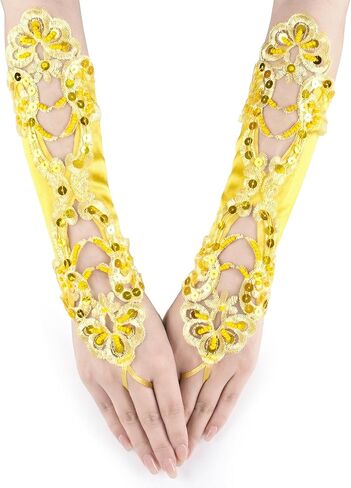 JISEN Fingerless Satin 1920s Gloves Women Banquet Party Elegant Lace Embroidered Bridal Mittens 11 Inch in Kuwait