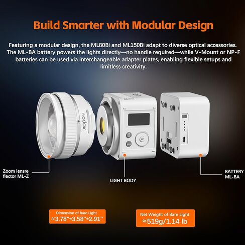 مصباح فيديو Godox ML80Bi LED، مصباح LED محمول ثنائي اللون 2800-6500K، 29600Lux CRI/TLCI≈97، أوضاع 11FX، التحكم في التطبيق (80، واط) in Kuwait