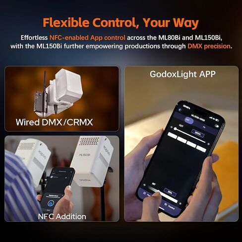 مصباح فيديو Godox ML80Bi LED، مصباح LED محمول ثنائي اللون 2800-6500K، 29600Lux CRI/TLCI≈97، أوضاع 11FX، التحكم في التطبيق (80، واط) in Kuwait