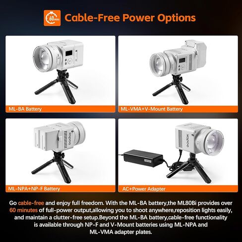 مصباح فيديو Godox ML80Bi LED، مصباح LED محمول ثنائي اللون 2800-6500K، 29600Lux CRI/TLCI≈97، أوضاع 11FX، التحكم في التطبيق (80، واط) in Kuwait