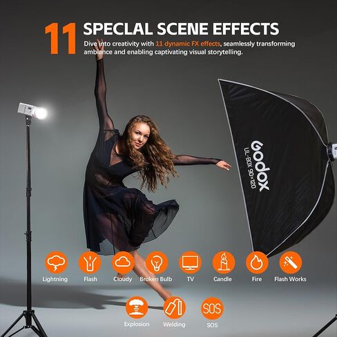 مصباح فيديو Godox ML80Bi LED، مصباح LED محمول ثنائي اللون 2800-6500K، 29600Lux CRI/TLCI≈97، أوضاع 11FX، التحكم في التطبيق (80، واط) in Kuwait