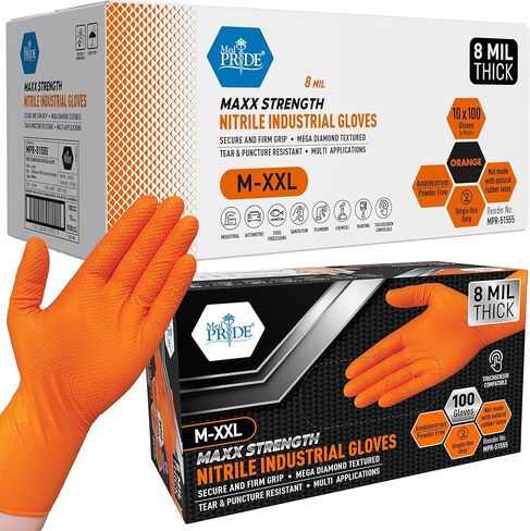 قفازات MED PRIDE Maxx Strength Nitrile الصناعية البرتقالية، بسمك 8 مل - نسيج ماسي للاستعمال مرة واحدة، عالي التحمل، مقاوم للتمزق in Kuwait