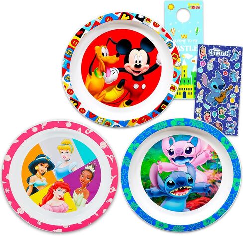 Disney Dinnerware Set for Kids - 3 Pc Kitchen Accessories Bundle with Stitch, Mickey Mouse, Minnie Mouse Plates Plus Stickers, More | Disney Plates for Kids, Toddlers, Boys, Girls in Kuwait