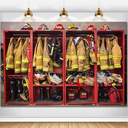 Firefighter Locker Room Backdrop Fire Station Interior Suits Equipments Photography Background Fireman Firefighters Theme Decor Banner Portrait Photo Booth Studio Props 7x5ft FU0118YL in Saudi Arabia