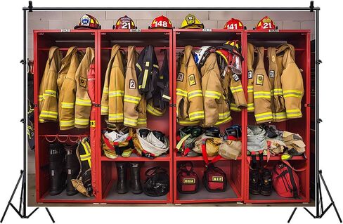 Firefighter Locker Room Backdrop Fire Station Interior Suits Equipments Photography Background Fireman Firefighters Theme Decor Banner Portrait Photo Booth Studio Props 7x5ft FU0118YL in Saudi Arabia