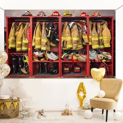 Firefighter Locker Room Backdrop Fire Station Interior Suits Equipments Photography Background Fireman Firefighters Theme Decor Banner Portrait Photo Booth Studio Props 7x5ft FU0118YL in Saudi Arabia