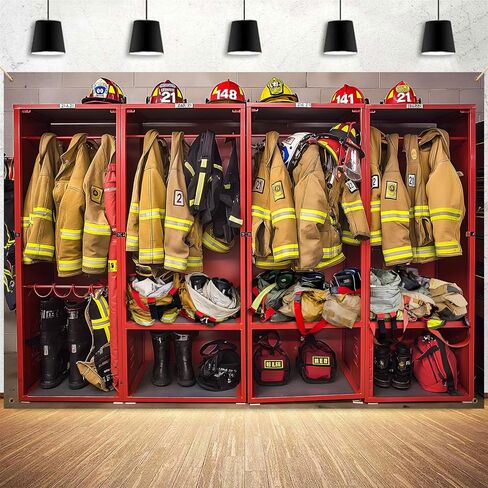 Firefighter Locker Room Backdrop Fire Station Interior Suits Equipments Photography Background Fireman Firefighters Theme Decor Banner Portrait Photo Booth Studio Props 7x5ft FU0118YL in Saudi Arabia