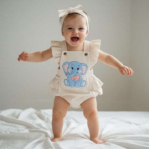 Baby Girl Spring Outfit Elephant Embroidery Sleeveless Romper Bow Headband 2 Piece Set in Kuwait