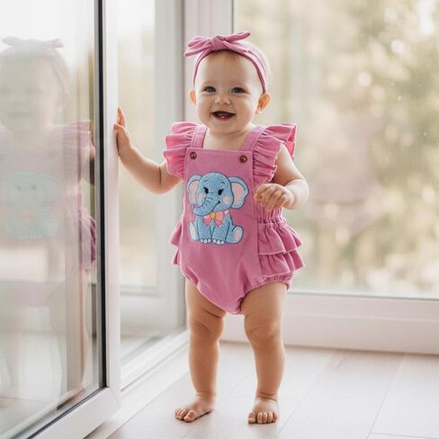 Baby Girl Spring Outfit Elephant Embroidery Sleeveless Romper Bow Headband 2 Piece Set in Saudi Arabia