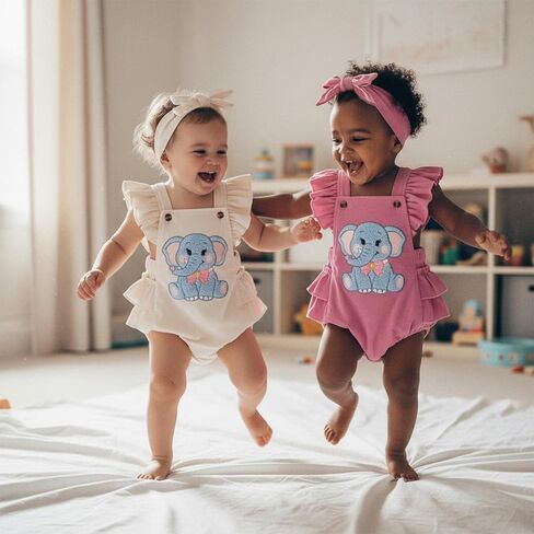 Baby Girl Spring Outfit Elephant Embroidery Sleeveless Romper Bow Headband 2 Piece Set in Saudi Arabia