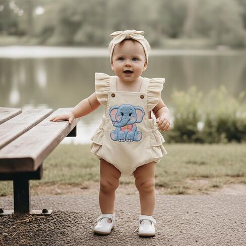 Baby Girl Spring Outfit Elephant Embroidery Sleeveless Romper Bow Headband 2 Piece Set in Saudi Arabia