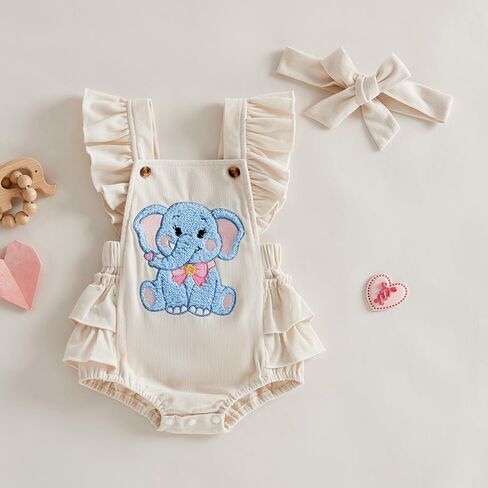 Baby Girl Spring Outfit Elephant Embroidery Sleeveless Romper Bow Headband 2 Piece Set in Saudi Arabia