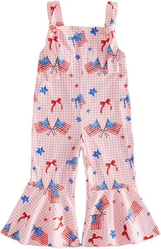 4th of July Toddler Girl Clothes Bell Bottoms Jumpsuit Romper Pants Patriotic Print Striped Sleeveless Overalls in Kuwait