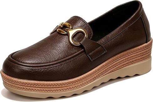 Sunporx Classic Leather Platform Loafers for Womens Comfort Slip on Chain Casual Wedge and Arch Support for Walking Business Shoes in Saudi Arabia