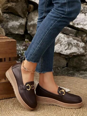 Sunporx Classic Leather Platform Loafers for Womens Comfort Slip on Chain Casual Wedge and Arch Support for Walking Business Shoes in Saudi Arabia