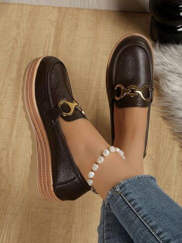 Sunporx Classic Leather Platform Loafers for Womens Comfort Slip on Chain Casual Wedge and Arch Support for Walking Business Shoes in Saudi Arabia