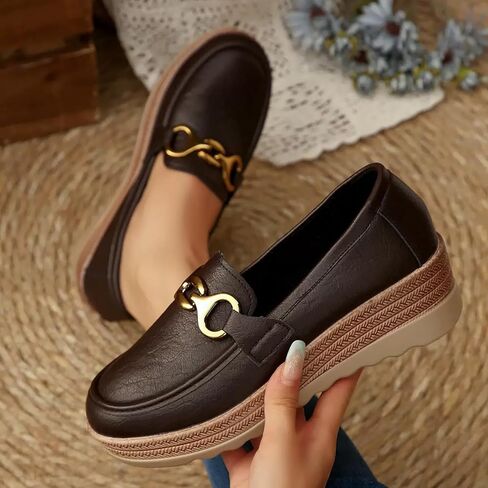Sunporx Classic Leather Platform Loafers for Womens Comfort Slip on Chain Casual Wedge and Arch Support for Walking Business Shoes in Saudi Arabia