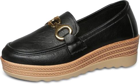 Sunporx Classic Leather Platform Loafers for Womens Comfort Slip on Chain Casual Wedge and Arch Support for Walking Business Shoes in Kuwait