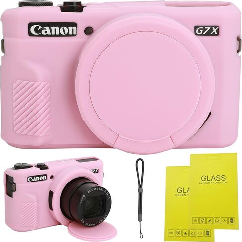 حافظة لكاميرا Canon G7 X Mark II، حافظة واقية من السيليكون الناعم بتصميم محسّن مفتوح من الأسفل، عدسة واضحة تمامًا، تتضمن واقيين للشاشة وحزام معصم، خفيف الوزن مضاد للخدش (وردي) in Kuwait