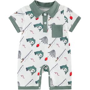 Newborn Infant Baby Boy Summer Outfit Short Sleeve Button Down Romper Fishing Onesie First Birthday Clothes in Kuwait
